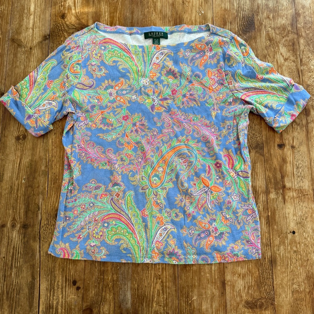 Ralph Lauren Cotton Multicolor Paisley Cuff Short Sleeve Boatneck Top Wm‎ PL EUC
